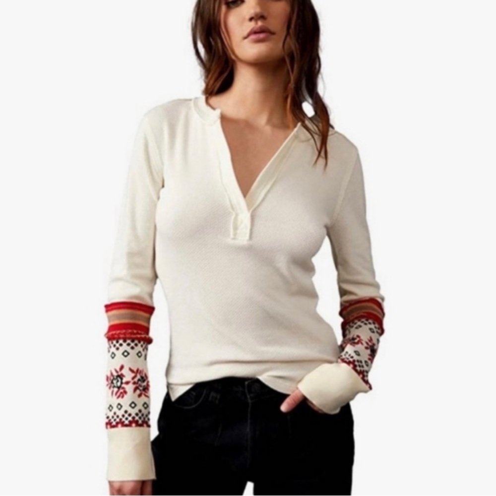 Free People Cream Long Sleeve Top with Red Accents